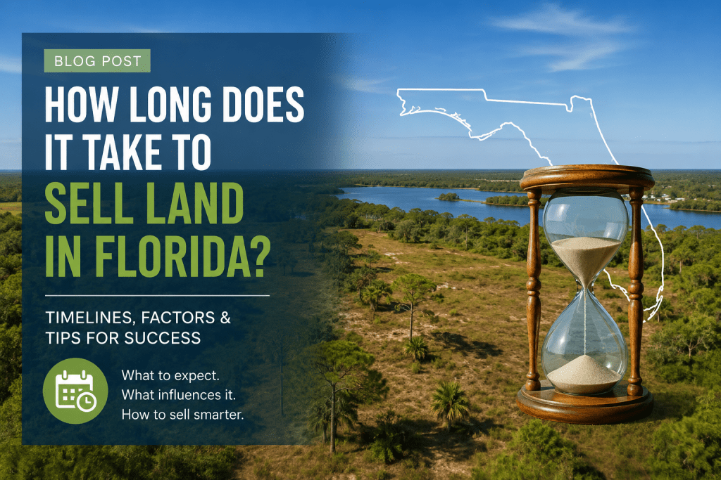 Aerial of Land with an overlay of an hour glass and the outline of the state of Florida with the title of the blog: " How Long does it take to sell land in Florida?"