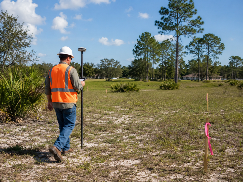 Surveyor conducting due diligence assessment on Florida land during the contract period