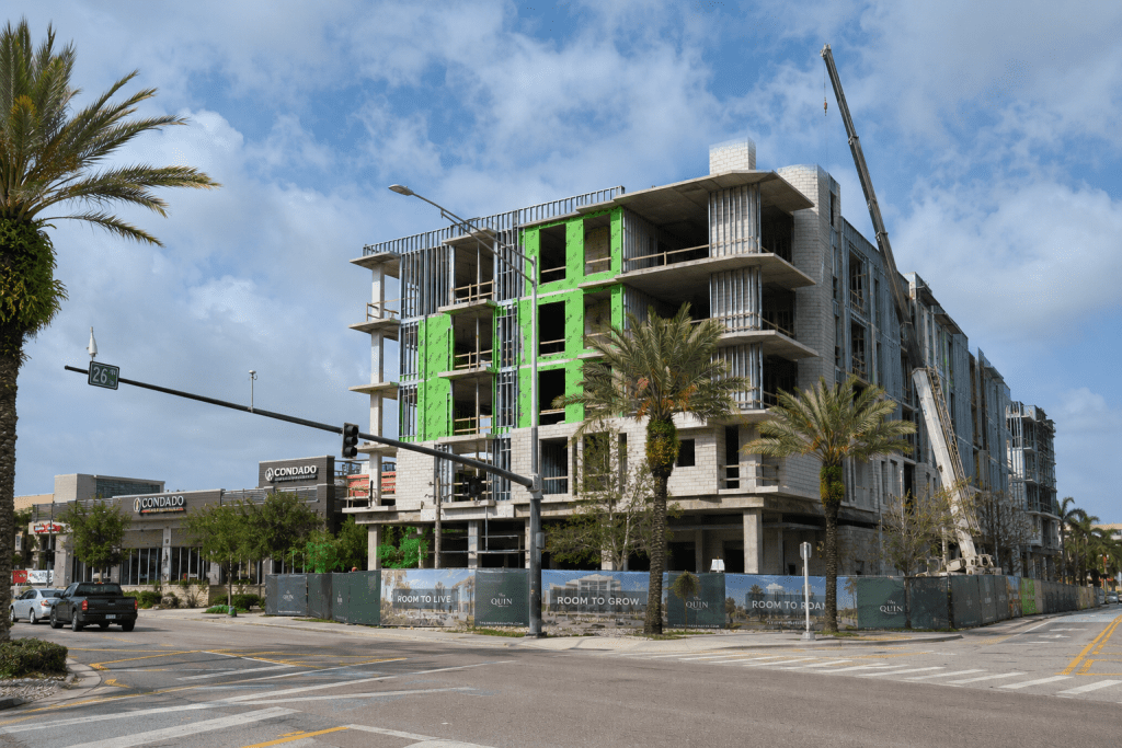 Mixed-use development under construction along North Tamiami Trail in Sarasota, Florida.