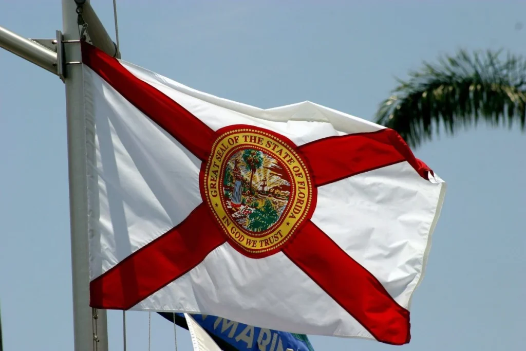 The Florida state flag waving in the wind.