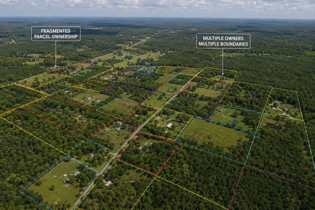 Aerial view of adjacent Florida land parcels showing assemblage opportunity for development