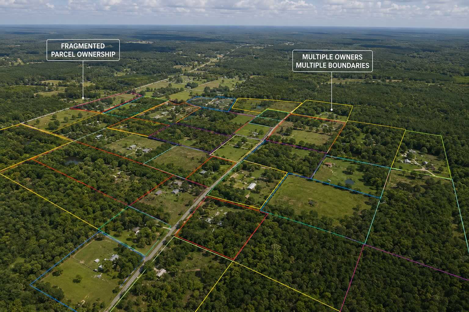 Aerial view of adjacent Florida land parcels showing assemblage opportunity for development