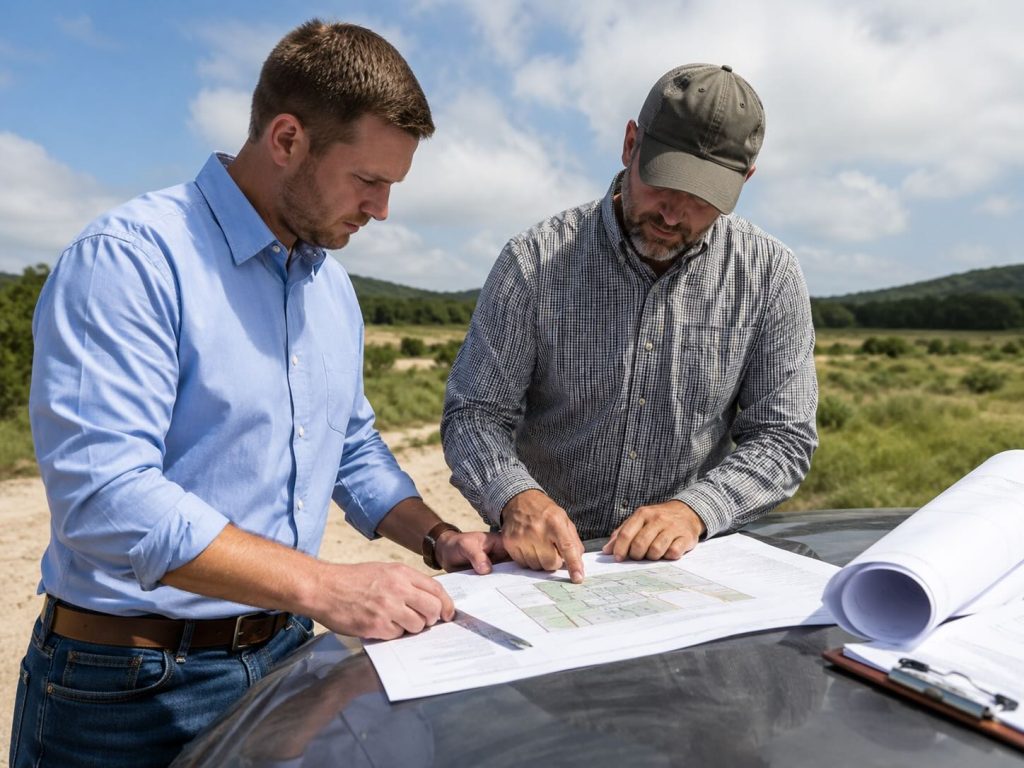 Land broker and property owner reviewing plans