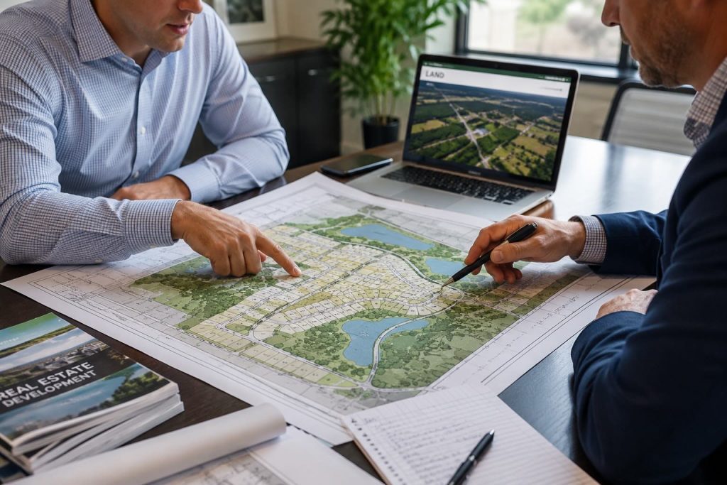 Florida land broker and developer reviewing site map
