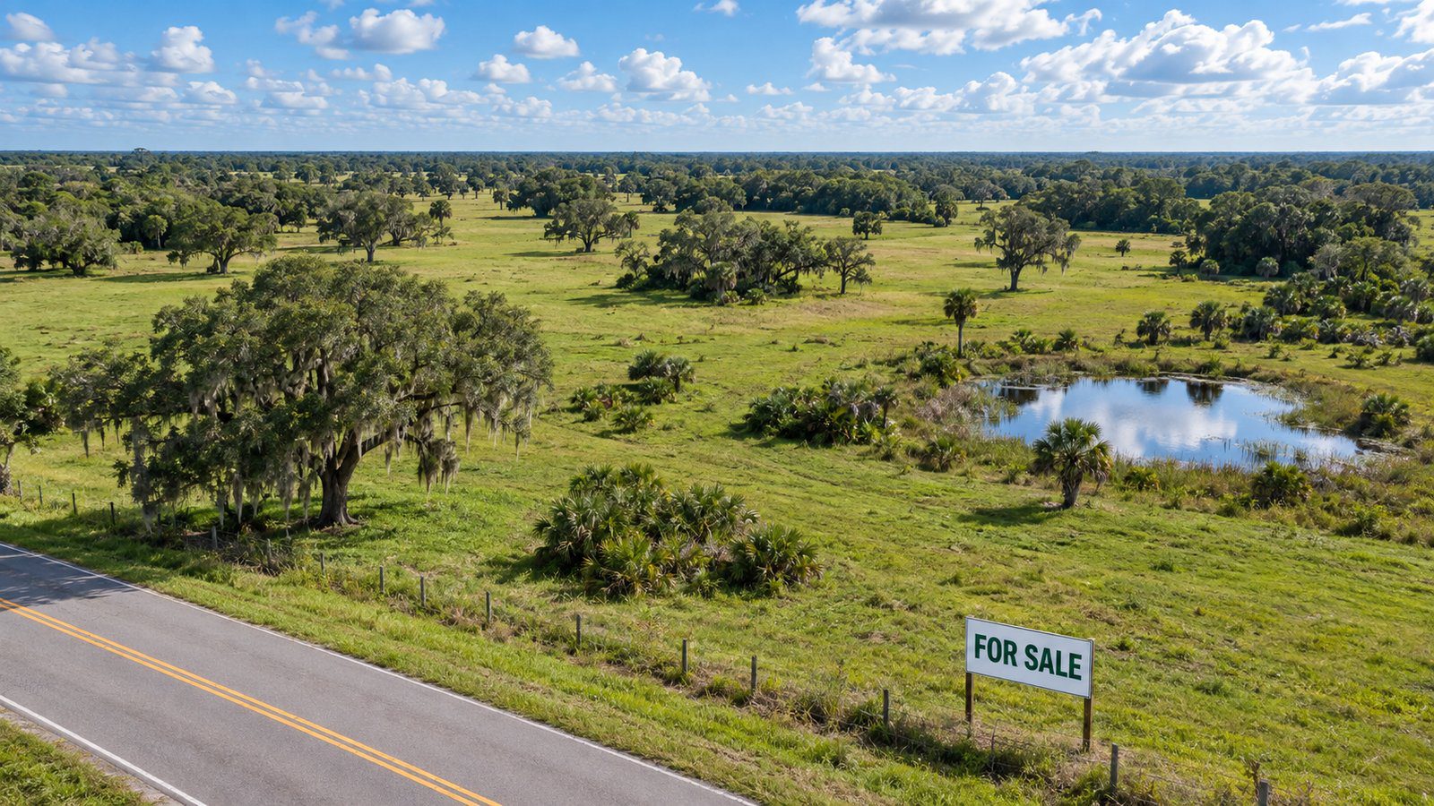 Capital gains tax when selling land in Florida — aerial view of rural acreage.