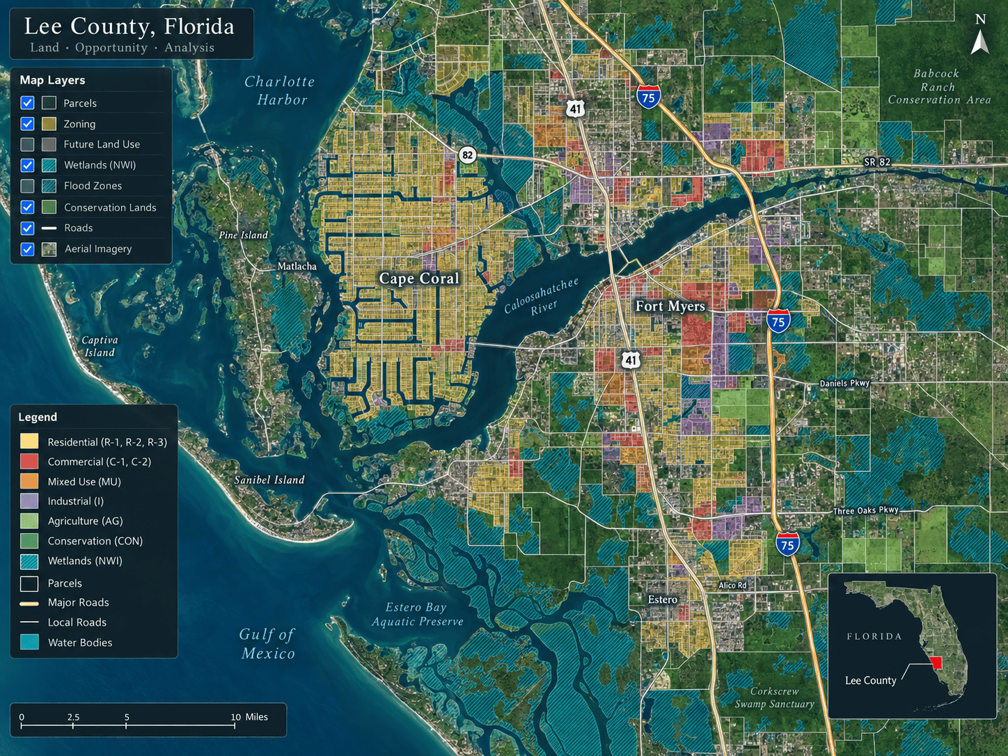 GIS mapping of Florida land parcels showing zoning, wetlands, and infrastructure layers.