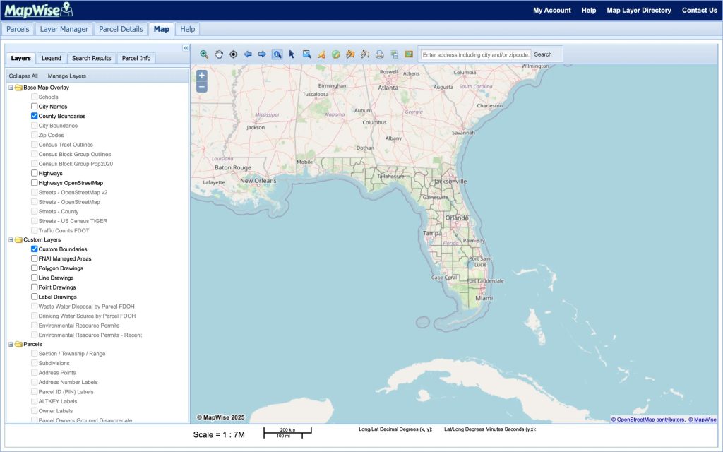 Mapwise GIS mapping tool highlighting Florida.