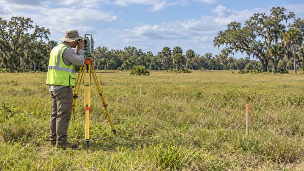 Land survey in Florida — licensed surveyor measuring rural property boundaries.