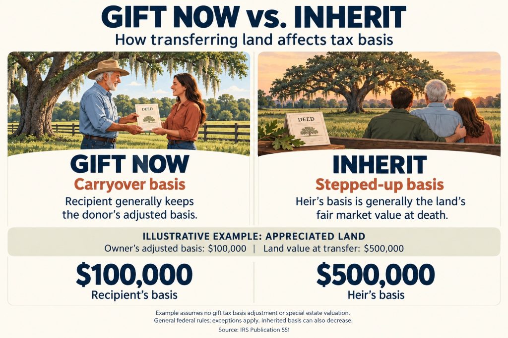 Gifting land to family in Florida vs. inheriting — carryover basis compared to stepped-up basis.